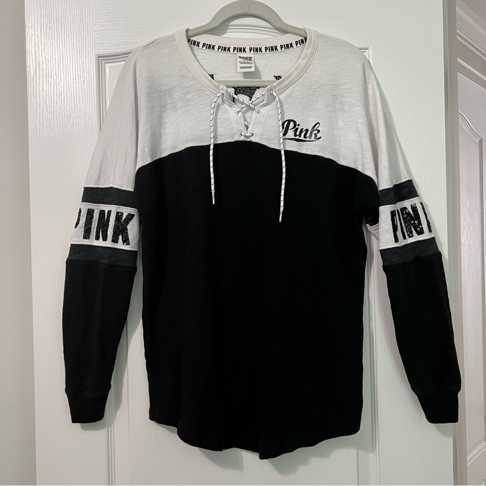 PINK Victoria’s Secret Black and White Sequin Long Sleeve Varsity Shirt